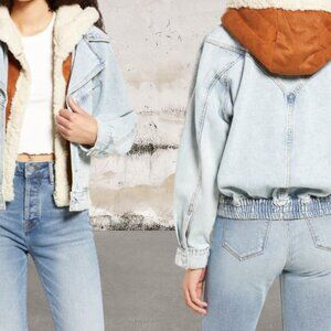 Blank NYC Women's Moto Denim Jacket with Removable Faux Fur Hood Size Medium